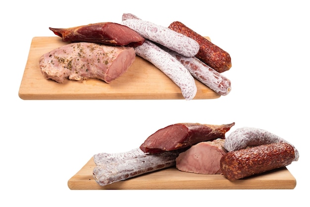 Various of meat smoked meat sausage salami isolated on a white background