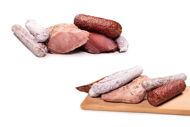 Various of meat smoked meat sausage salami isolated on a white