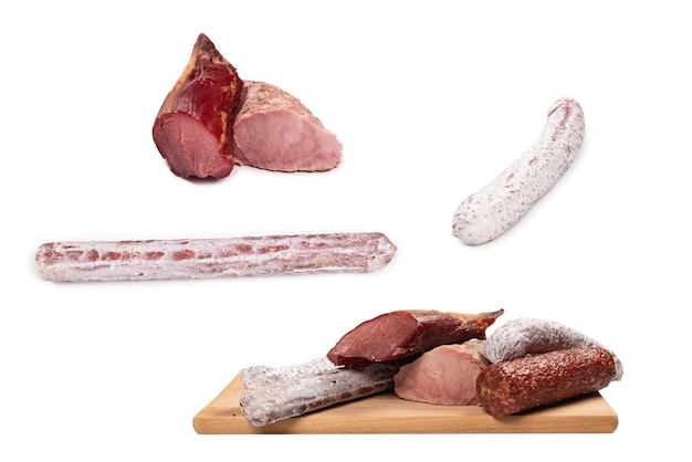 Various of meat smoked meat sausage salami isolated on a white