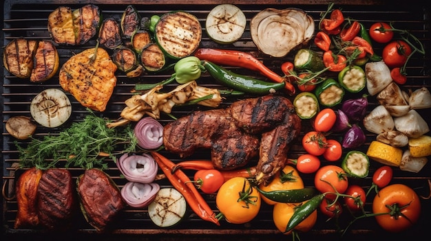 Various meats and vegetables on hot grill