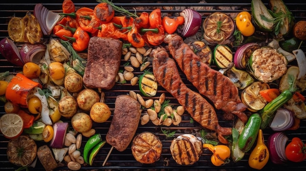 Various meats and vegetables on hot grill