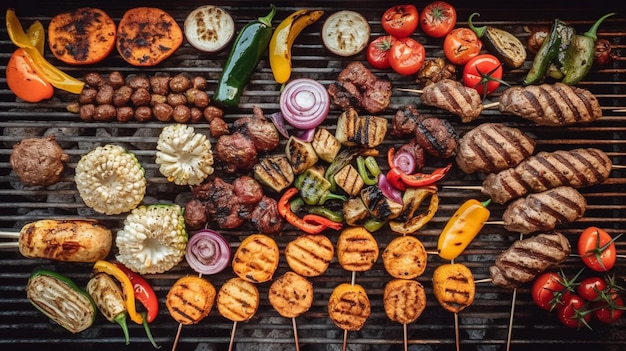 Various meats and vegetables on hot grill