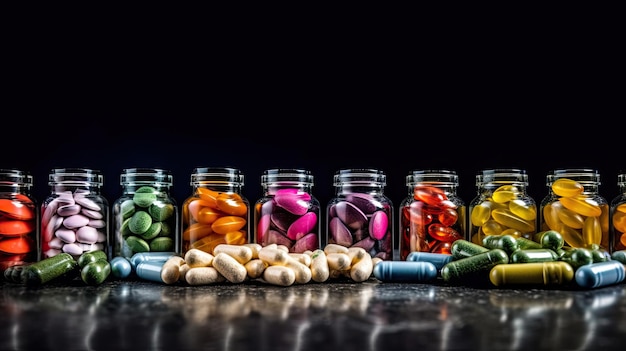 Various medical capsules and tablets in jars Biologically active additives pharmaceutical industry B