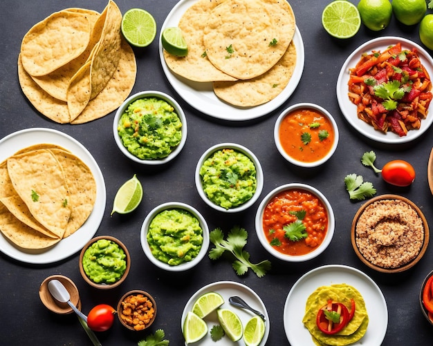 Various mexican dishes with lime and guacamole