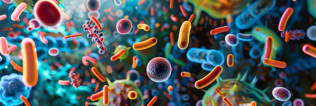 Various microscopic bacteria and microbes appear to float against a scientific backdrop