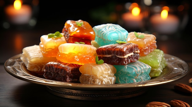 Various Middle Eastern sweets like Turkish delight and baklava arranged elegantly on an silver platter natural lighting emphasizing the textures and colors Dark background