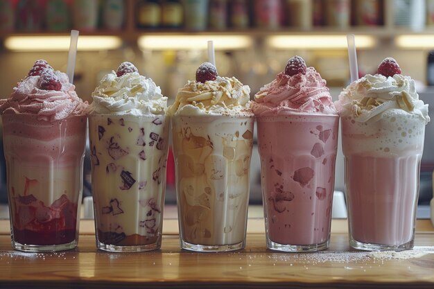 Various milkshakes with cream on a counter professional advertising food photography