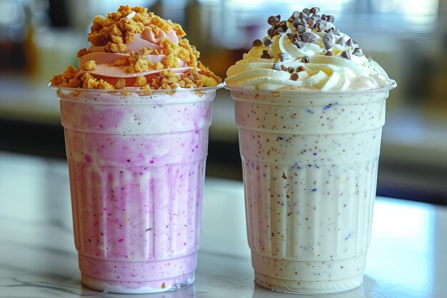 Various milkshakes with cream on a counter professional advertising food photography