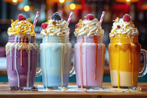 Various milkshakes with cream on a counter professional advertising food photography