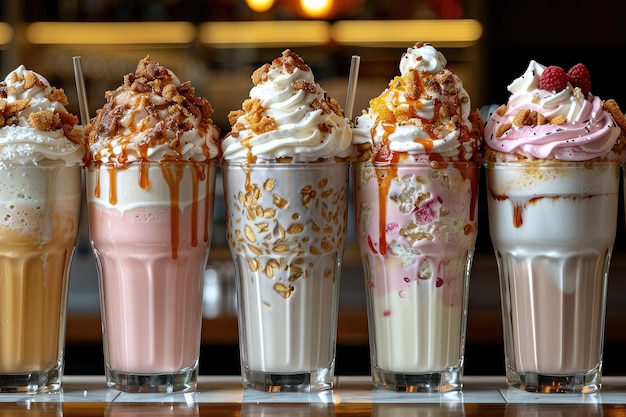 Various milkshakes with cream on a counter professional advertising food photography