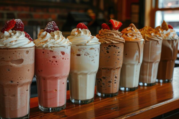 Various milkshakes with cream on a counter professional advertising food photography