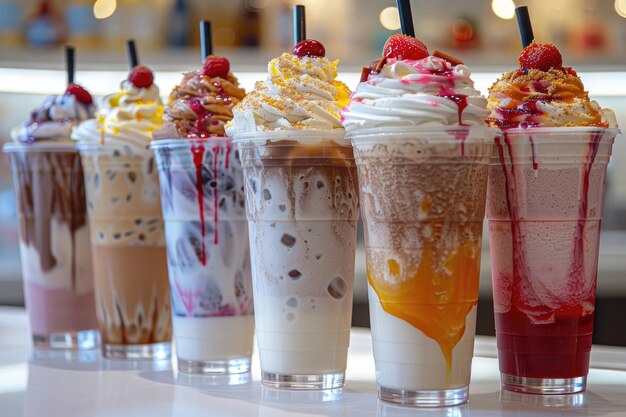 Various milkshakes with cream on a counter professional advertising food photography