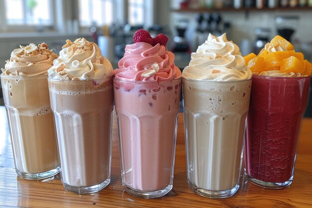 Various milkshakes with cream on a counter professional advertising food photography