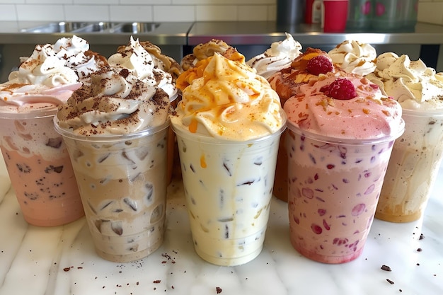 Various milkshakes with cream on a counter professional advertising food photography