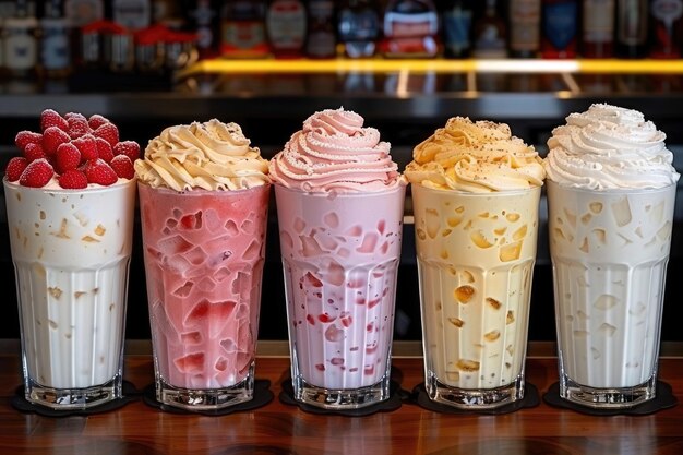 Various milkshakes with cream on a counter professional advertising food photography