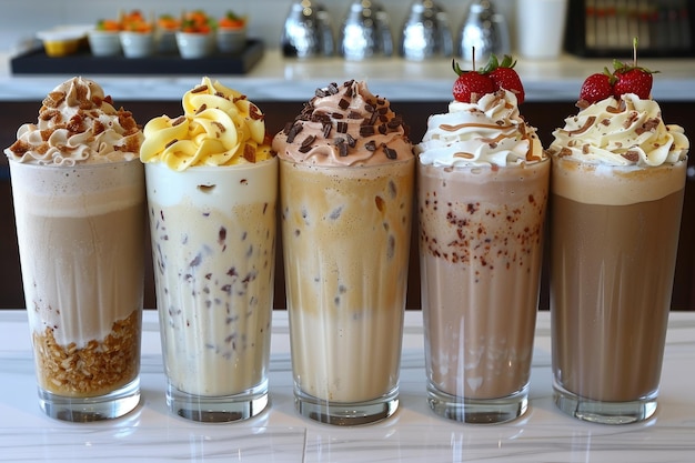 Various milkshakes with cream on a counter professional advertising food photography