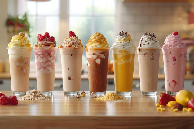 Various milkshakes with cream on a counter professional advertising food photography