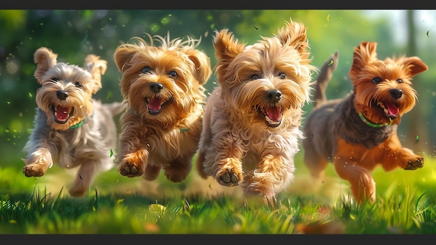 Various mongrel dogs are happily running around a park with green grass photo realistic