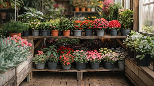 Various multicolored flowers growing in pots in greenhouse in garden center