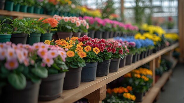 Various multicolored flowers growing in pots in greenhouse in garden center