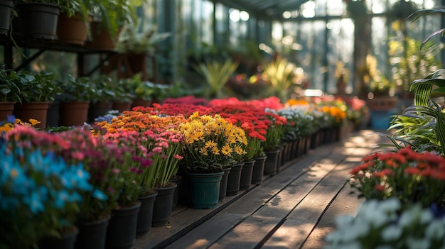 Various multicolored flowers growing in pots in greenhouse in garden center