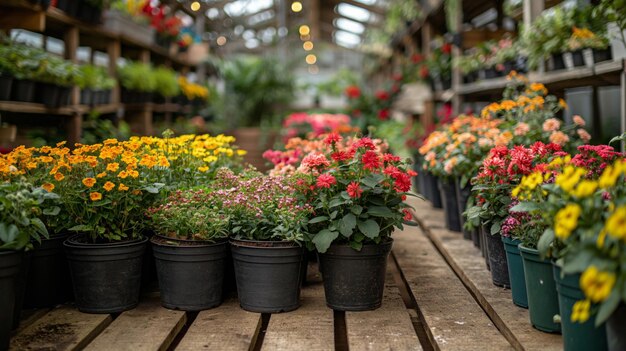 Various multicolored flowers growing in pots in greenhouse in garden center