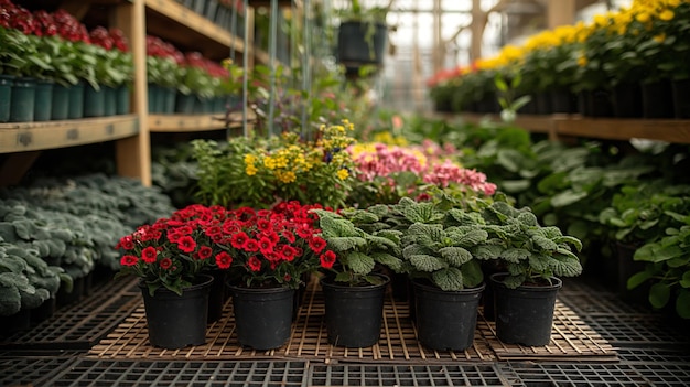 Various multicolored flowers growing in pots in greenhouse in garden center