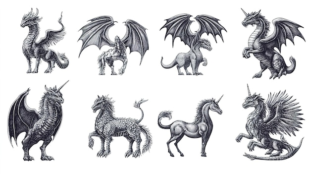 Photo various mythical creatures and dragons illustrated with intricate details showcasing their unique features and poses