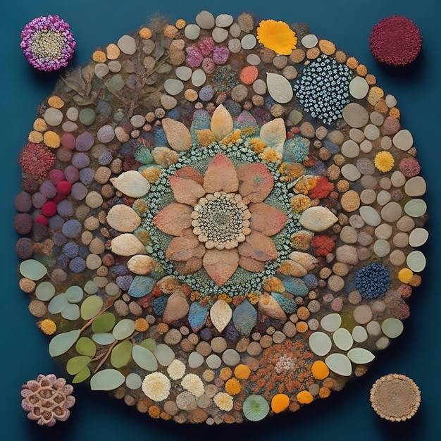 Various natural materials like leaves flowers and pebbles intricate mandala design generated by ai