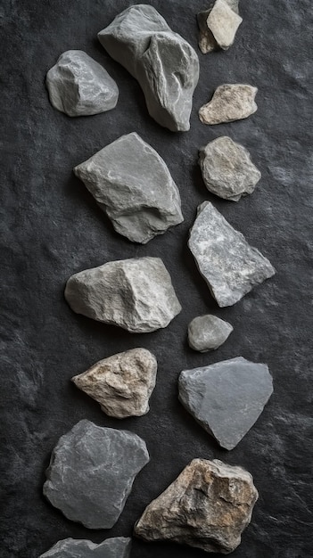 Photo various natural stones arranged on dark surface top view geology and nature concept