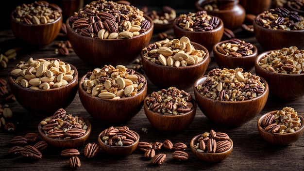 Various nuts in bowls on a gray background