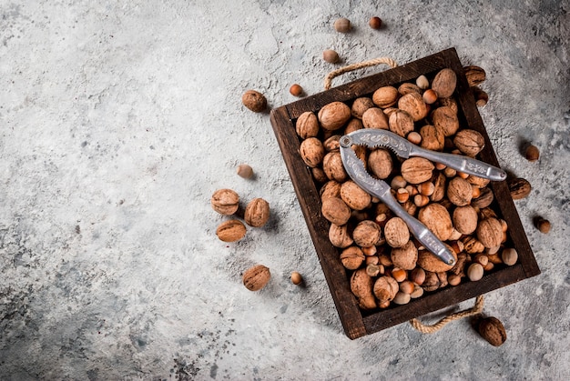 Various nuts and nutcracker in wooden box