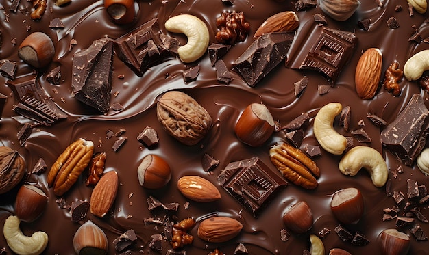 Photo various nuts scattered over melted chocolatesauce