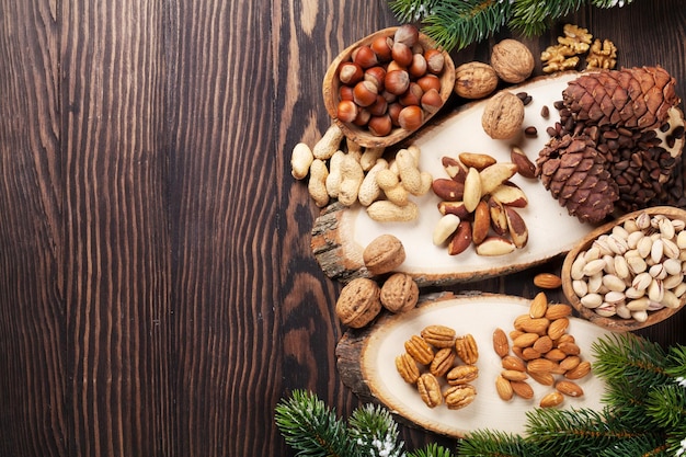 Various nuts on wooden table