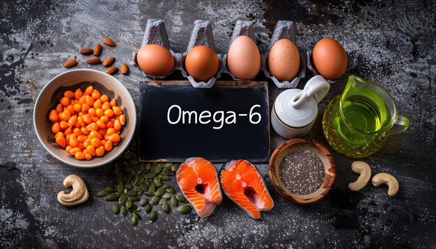 Photo various omega6 rich foods including salmon seeds and nuts