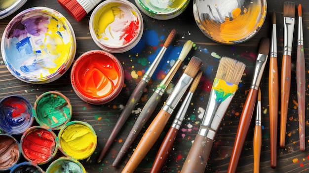 Various paint cans and brushes on a wooden surface with colorful splashes