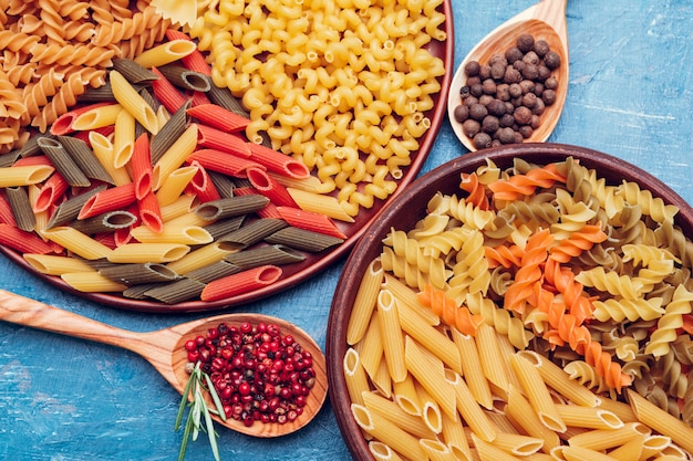 various pasta close-up, top view