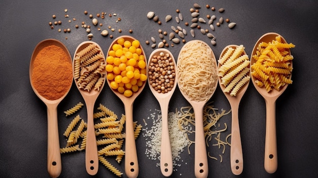 Various pasta on wooden spoons over stone table