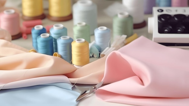 Photo various pastel colored fabric rolls surrounded by sewing tools