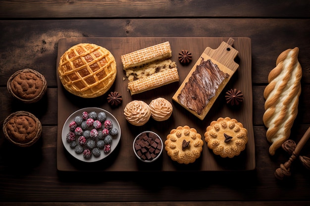 Various pastry items against a wooden background