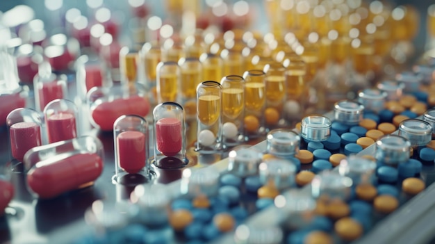 Various pharmaceutical capsules and pills on a production line in a pharmaceutical manufacturing facility