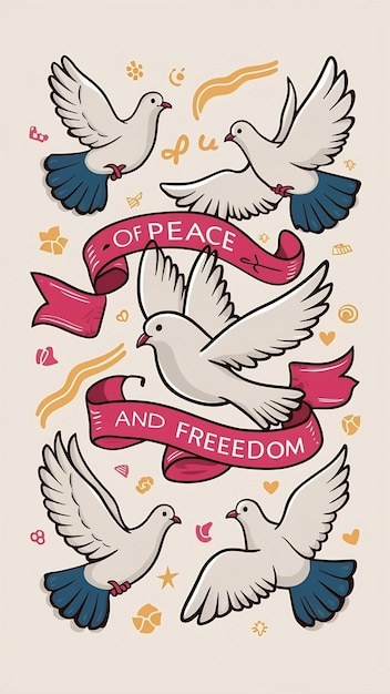 Photo various pigeons flying around a ribbon with inscription dove of peace and freedom cartoon style