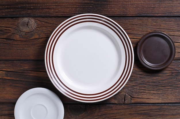 Various plates on table