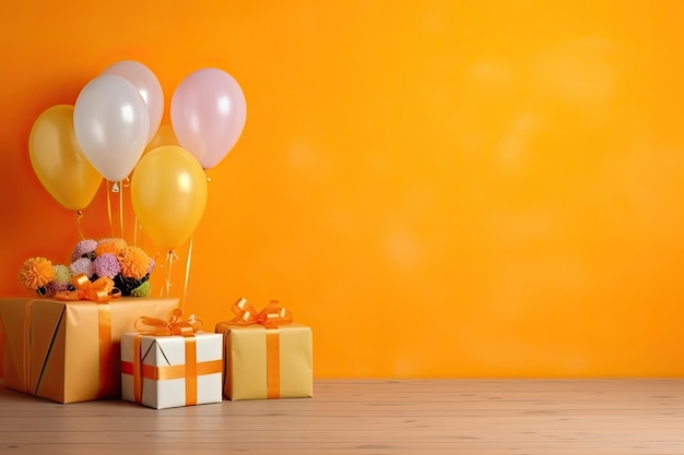 Various present boxes with bows and inflatable balloons birthday orange background copy space