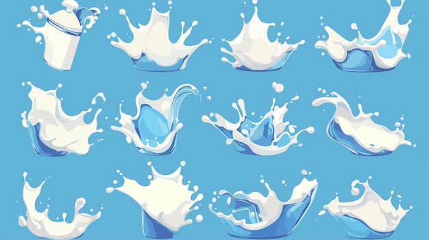 Various Realistic Milk Splash and Pouring on White Surface