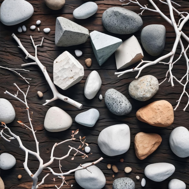 Photo various rocks and branches on a wooden surface