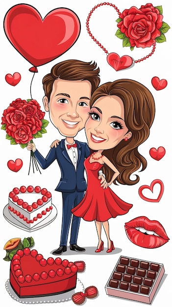 Photo various romantic objects and loving couple cartoon style valentines day concept