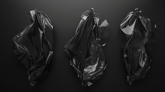 Various rumpled polyethylene packages are photographed on a black background with polythene wraps overlaying