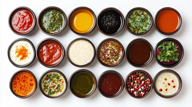 Photo various sauces in bowls on white background top view