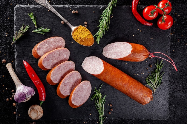 Various sausages and smoked products lie on a black board